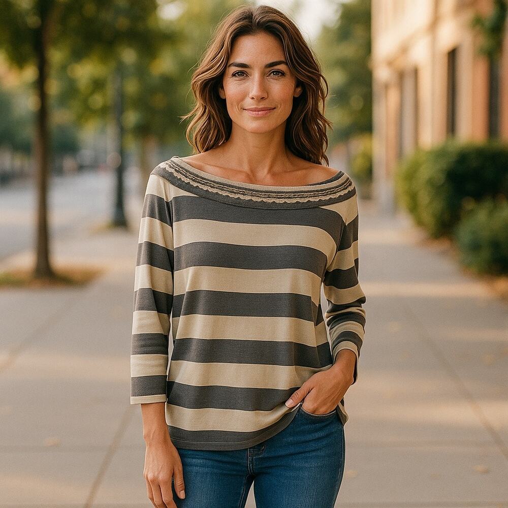 Haes Brasil Womens Sweater Size XL Gray Tan‎ Striped Boatneck Top NEW